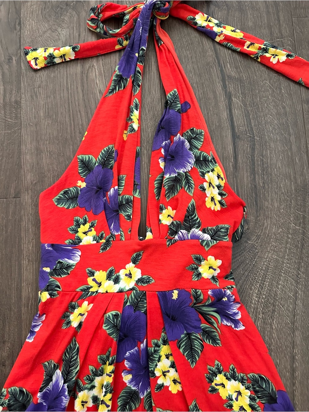 Free People Red Floral Halter Dress with Purple & Yellow Blooms - Picture 3 of 7